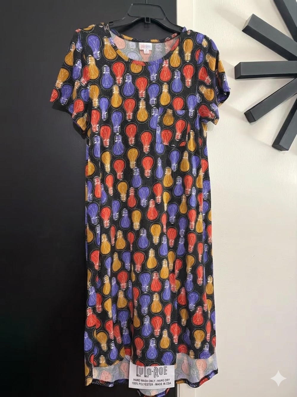 LuLaRoe Black Maxi Dress with Red, Purple & Gold Lightbulb Print
